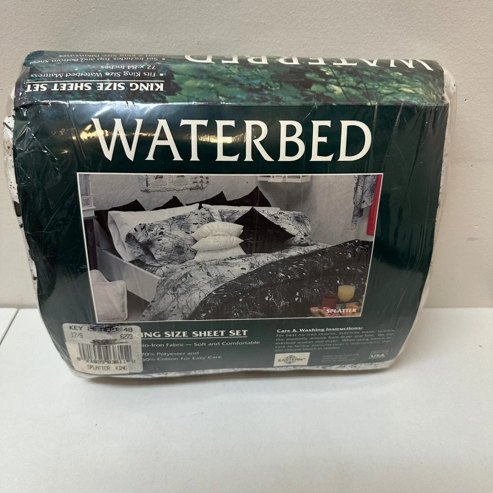 Vintage King Waterbed Sheet Set Splatter Pattern Black White Made in USA